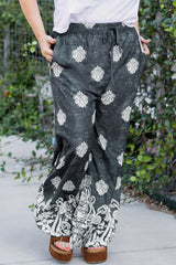 Black Plus Size Geometric Ethnic Print Drawstring Wide Leg Pants Plus Size Bottoms JT's Designer Fashion