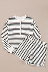 Black white Stripes Printed Half Button Long Sleeve Top and Shorts Set Short Sets JT's Designer Fashion