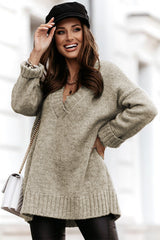 Gray V neck Drop Shoulder Knitted Sweater Sweaters & Cardigans JT's Designer Fashion