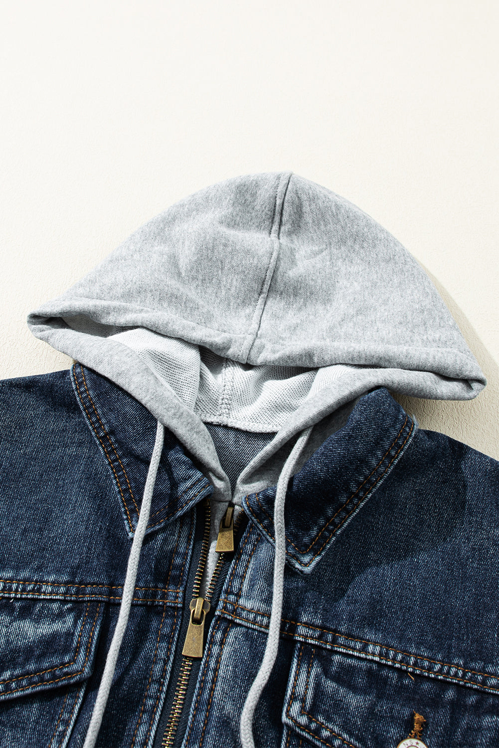 Dark Blue Fake Two-Piece Hooded Zip-Up Denim Jacket Denim Jackets JT's Designer Fashion