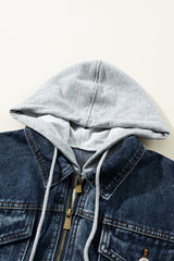 Dark Blue Fake Two-Piece Hooded Zip-Up Denim Jacket Denim Jackets JT's Designer Fashion
