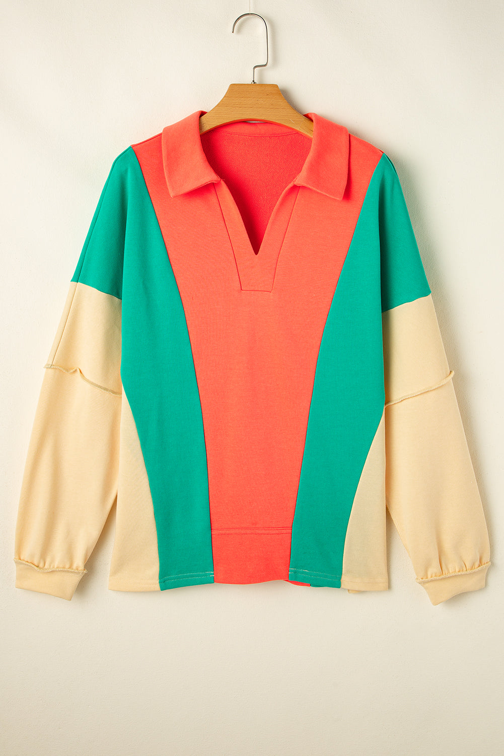 Grapefruit Orange Color Block Patchwork Collared V Neck Loose Top Long Sleeve Tops JT's Designer Fashion