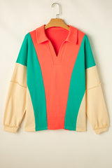 Grapefruit Orange Color Block Patchwork Collared V Neck Loose Top Long Sleeve Tops JT's Designer Fashion