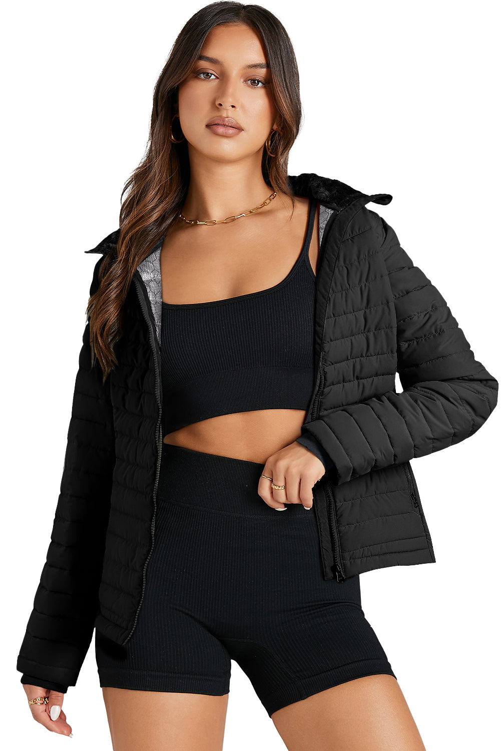 Black Solid Color Quilted Zip-up Puffer Jacket Jackets JT's Designer Fashion