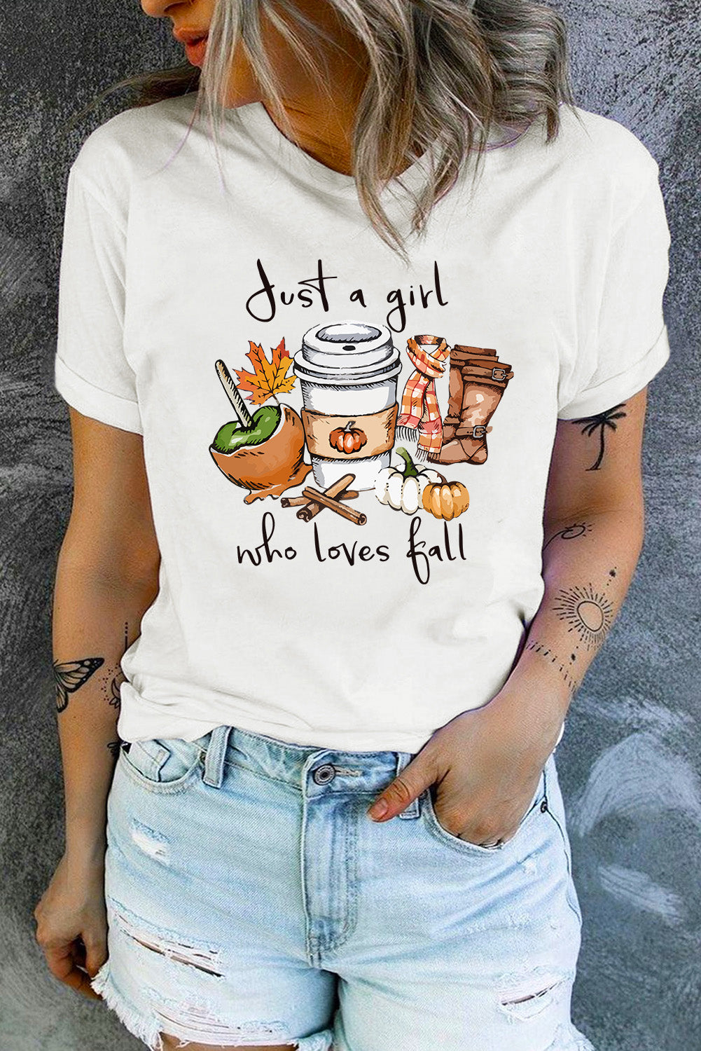 White Just A Girl Who Loves Fall Graphic T Shirt Graphic Tees JT's Designer Fashion
