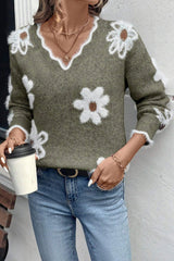 Seagrass Plush Flower Pattern Scalloped Trim V Neck Sweater Sweaters JT's Designer Fashion