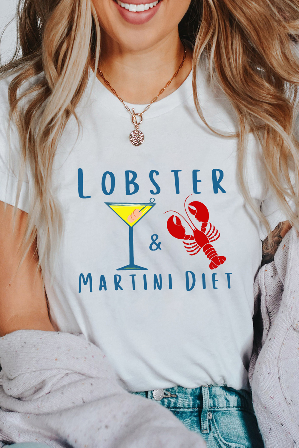 White LOBSTER MARTINI DIET Cocktail & Crawfish Print T Shirt Graphic Tees JT's Designer Fashion