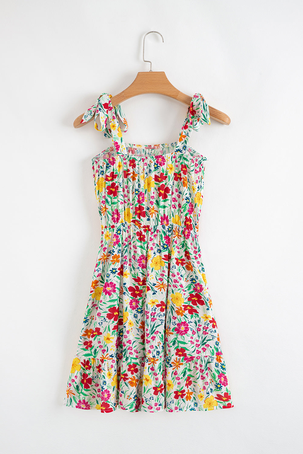 Red Floral Knotted Straps Cinched Waist Ruffle Hem Mini Dress Floral Dresses JT's Designer Fashion
