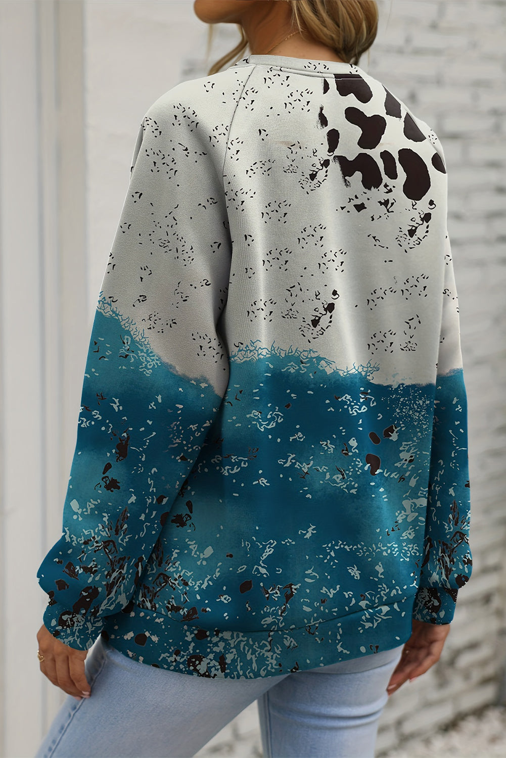 Blue Tie Dye Cow Color Block Pullover Sweatshirt Sweatshirts & Hoodies JT's Designer Fashion