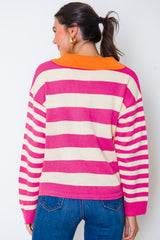 Rose Stripe Color Block Collared V Neck Drop Shoulder Sweater Sweaters JT's Designer Fashion