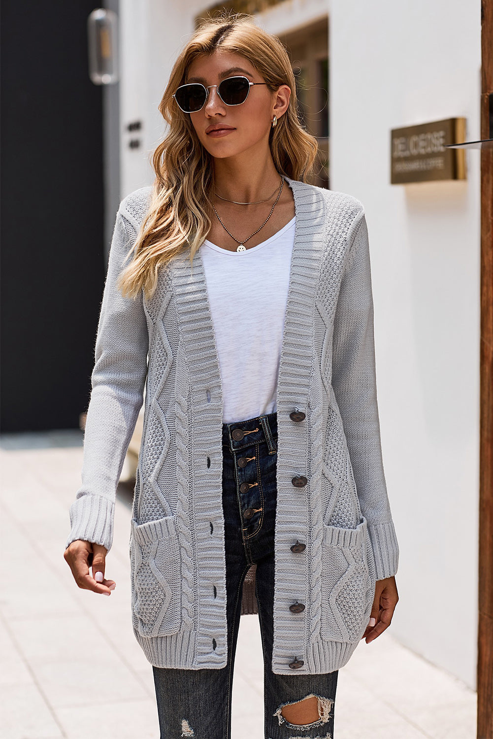 Gray Front Pocket and Buttons Closure Cardigan Sweaters & Cardigans JT's Designer Fashion