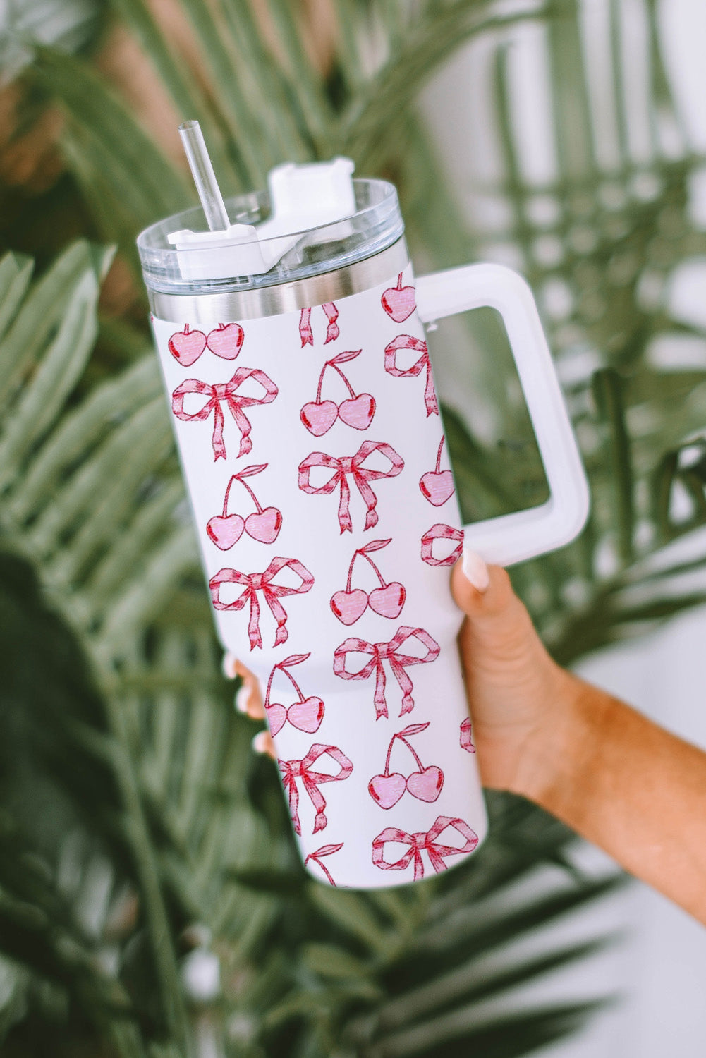 White Cherry Bowknot Stylish Large Tumbler with Handle 40oz Tumblers JT's Designer Fashion