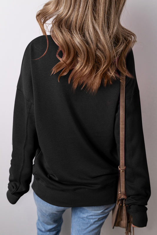 Black Drop Shoulder Crisscross Stitching Pocketed Loose Sweatshirt Sweatshirts & Hoodies JT's Designer Fashion
