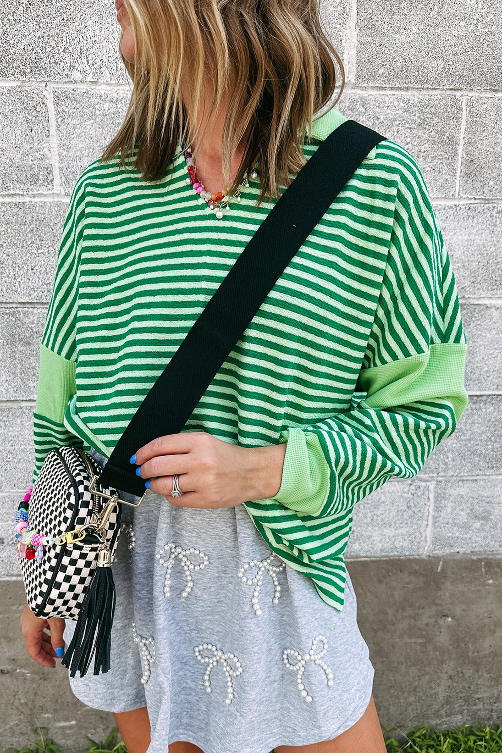 Green Stripe Turn-Down V Neck Patchwork Loose Top Long Sleeve Tops JT's Designer Fashion