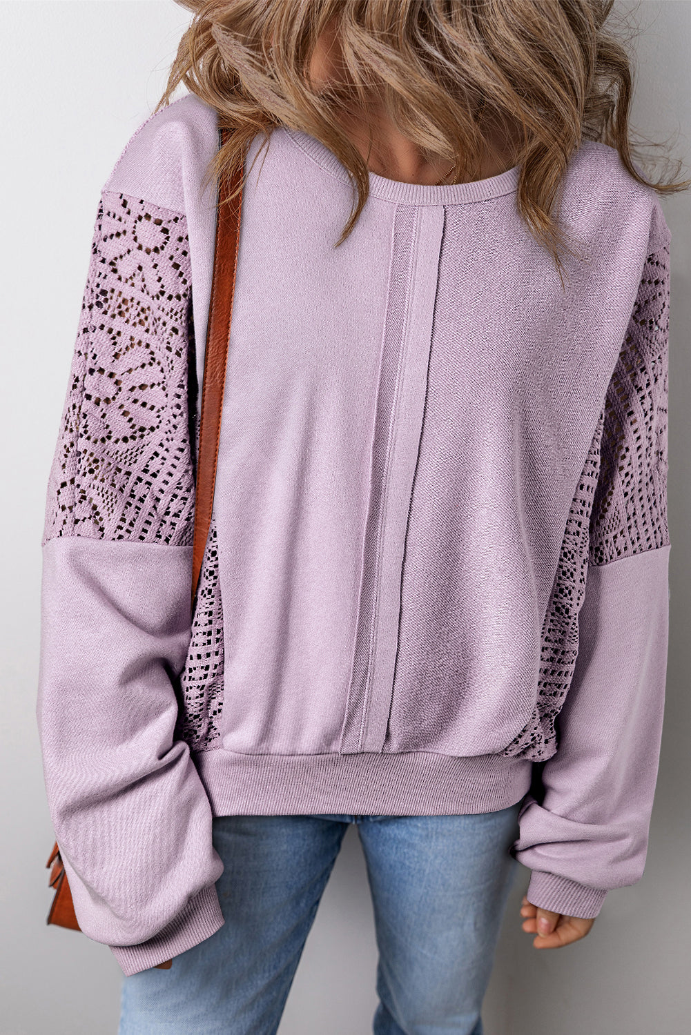 Orchid Petal Knit Crochet Exposed Seam Ribbed Trim Sweatshirt Sweatshirts & Hoodies JT's Designer Fashion
