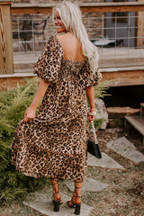 Brown Leopard Print Bubble Sleeve Square Neck Long Dress Maxi Dresses JT's Designer Fashion