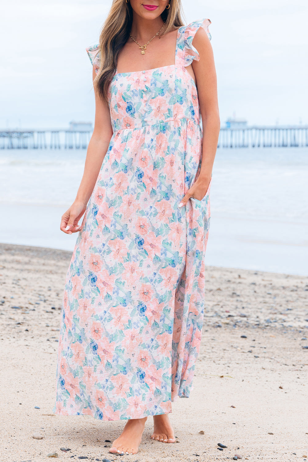 Pink Floral Print Square Neck Backless Long Dress with Slit Maxi Dresses JT's Designer Fashion
