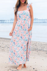 Pink Floral Print Square Neck Backless Long Dress with Slit Maxi Dresses JT's Designer Fashion