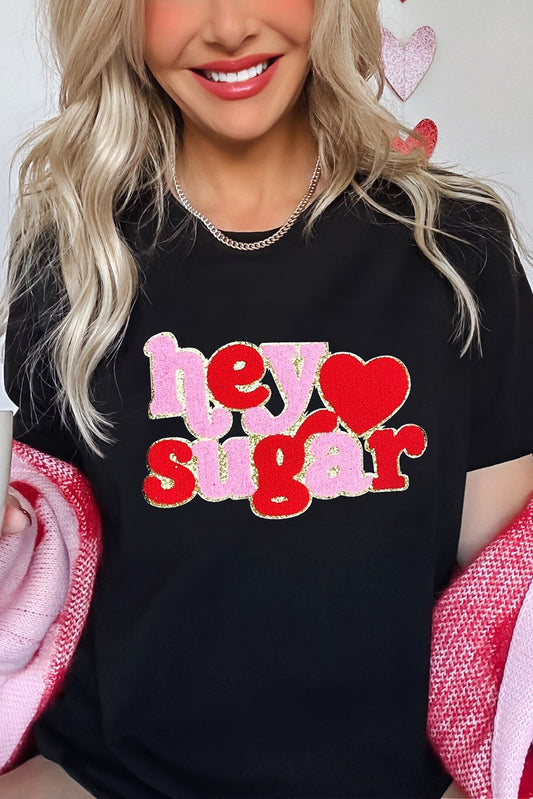 Black Chenille Heart hey sugar Patched Crewneck Valentines Tee Graphic Tees JT's Designer Fashion
