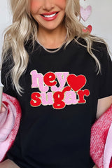 Black Chenille Heart hey sugar Patched Crewneck Valentines Tee Graphic Tees JT's Designer Fashion