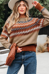 Khaki Aztec Print Colorblock Crew Neck Sweater Khaki 65%Acrylic+35%Polyamide Sweaters JT's Designer Fashion