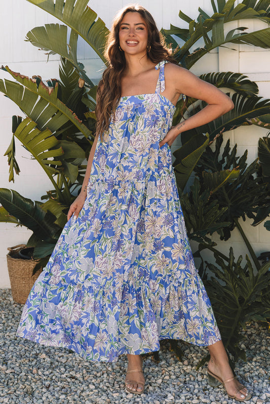 Sky Blue Floral Print Self-tie Straps Flowy Ruffle Long Dress Sky Blue 100%Polyester Maxi Dresses JT's Designer Fashion