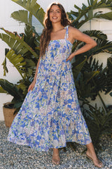 Sky Blue Floral Print Self-tie Straps Flowy Ruffle Long Dress Sky Blue 100%Polyester Maxi Dresses JT's Designer Fashion