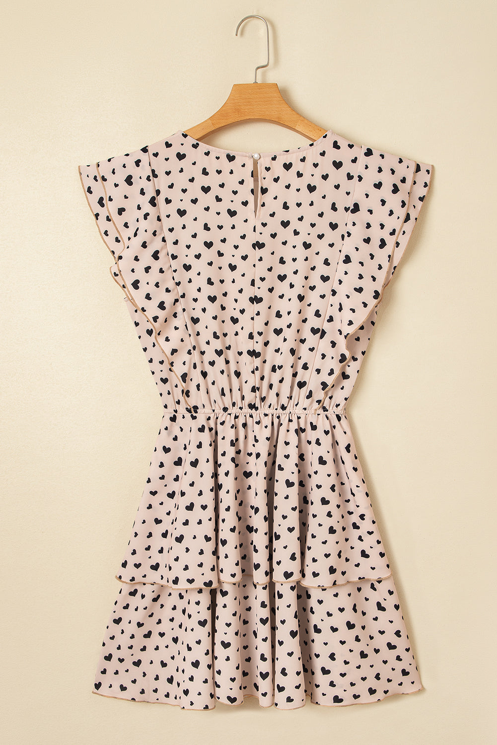 Khaki Heart Printed Flutter Sleeve Cinched Waist Tiered Ruffle Mini Dress Mini Dresses JT's Designer Fashion