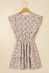 Khaki Heart Printed Flutter Sleeve Cinched Waist Tiered Ruffle Mini Dress Mini Dresses JT's Designer Fashion