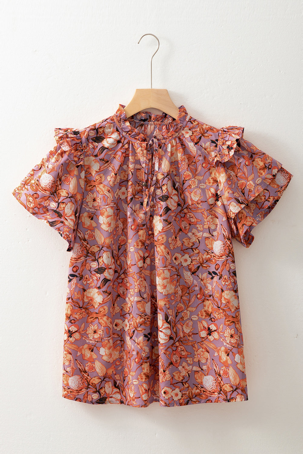 Orange Floral Print Ruffled Flutter Sleeve Frilled V Neck Blouse Blouses & Shirts JT's Designer Fashion