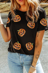 Black Sequin Pumpkin Face Halloween T Shirt Graphic Tees JT's Designer Fashion