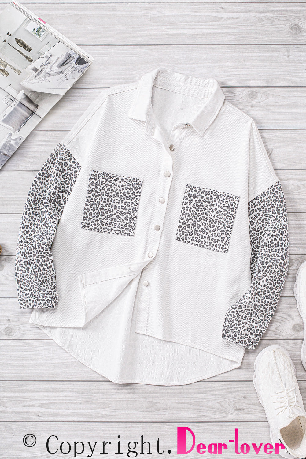 White Contrast Leopard Denim Jacket Denim Jackets JT's Designer Fashion
