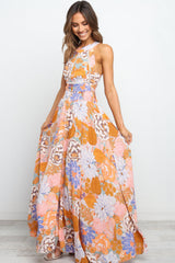 Orange Boho Floral Backless Lace up Sleeveless Maxi Dress Dresses JT's Designer Fashion