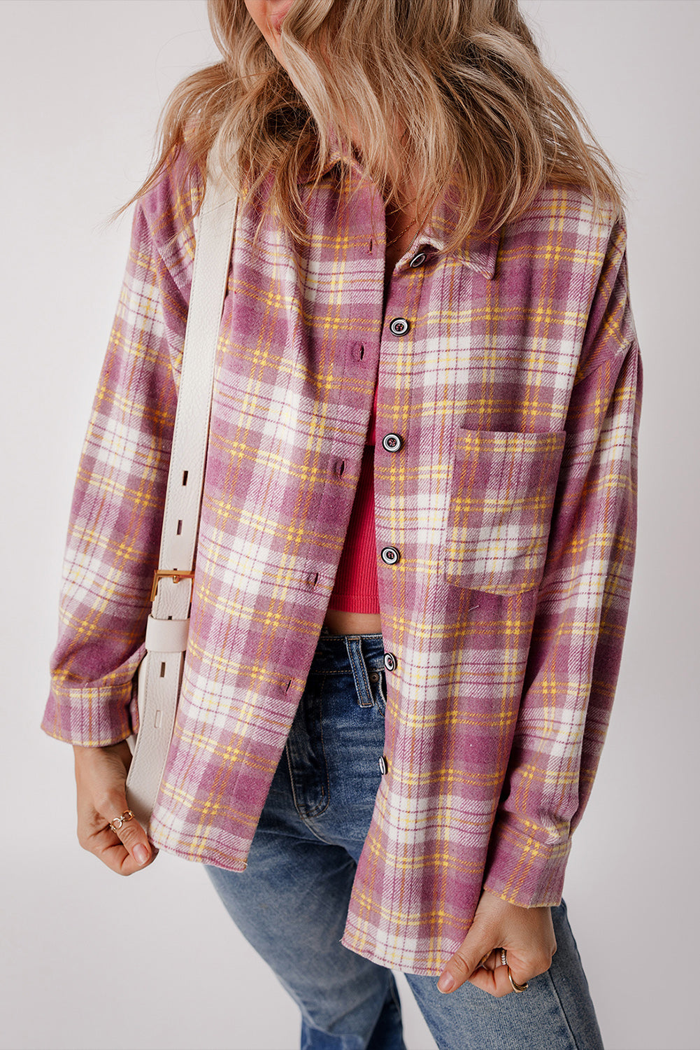 Pink Plaid Print Chest Pocket Long Sleeve Shacket Plaid Shackets JT's Designer Fashion