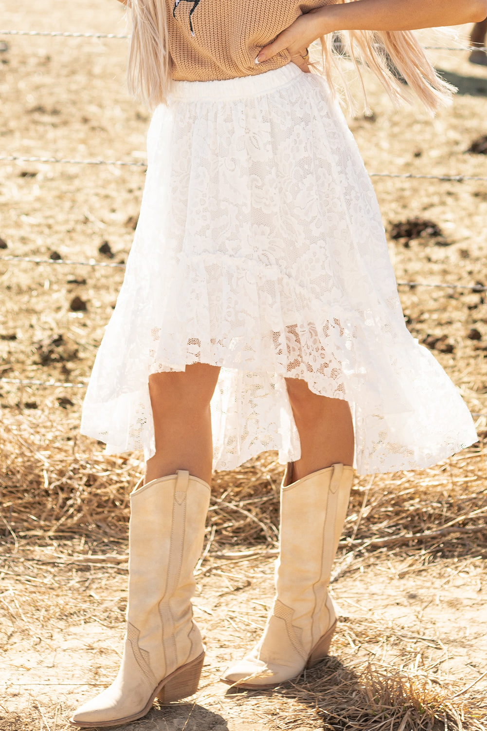 White Lace Ruffled High-low Hem Midi Skirt White 90%Polyamide+10%Elastane Skirts & Petticoat JT's Designer Fashion