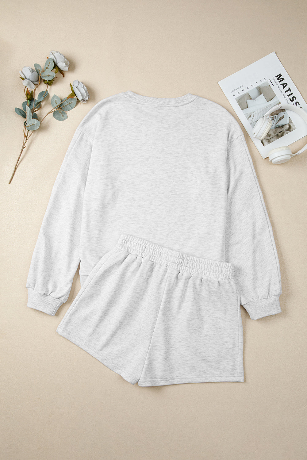 Light Grey Girly Bow Embroidered Detail Puff Sleeve Pullover 2pcs Short Set Short Sets JT's Designer Fashion