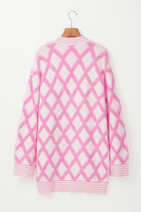 Pink Rhombus Pattern Knit Open Front Pocketed Cardigans Cardigans JT's Designer Fashion