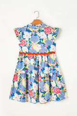 Sky Blue Floral Printed V Notched Ric Rac Flutter Sleeve Dress Floral Dresses JT's Designer Fashion