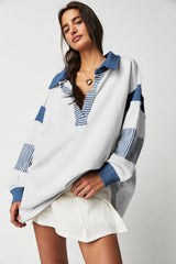Dark Blue Striped Colorblock Patchwork Collar Sweatshirt Sweatshirts & Hoodies JT's Designer Fashion