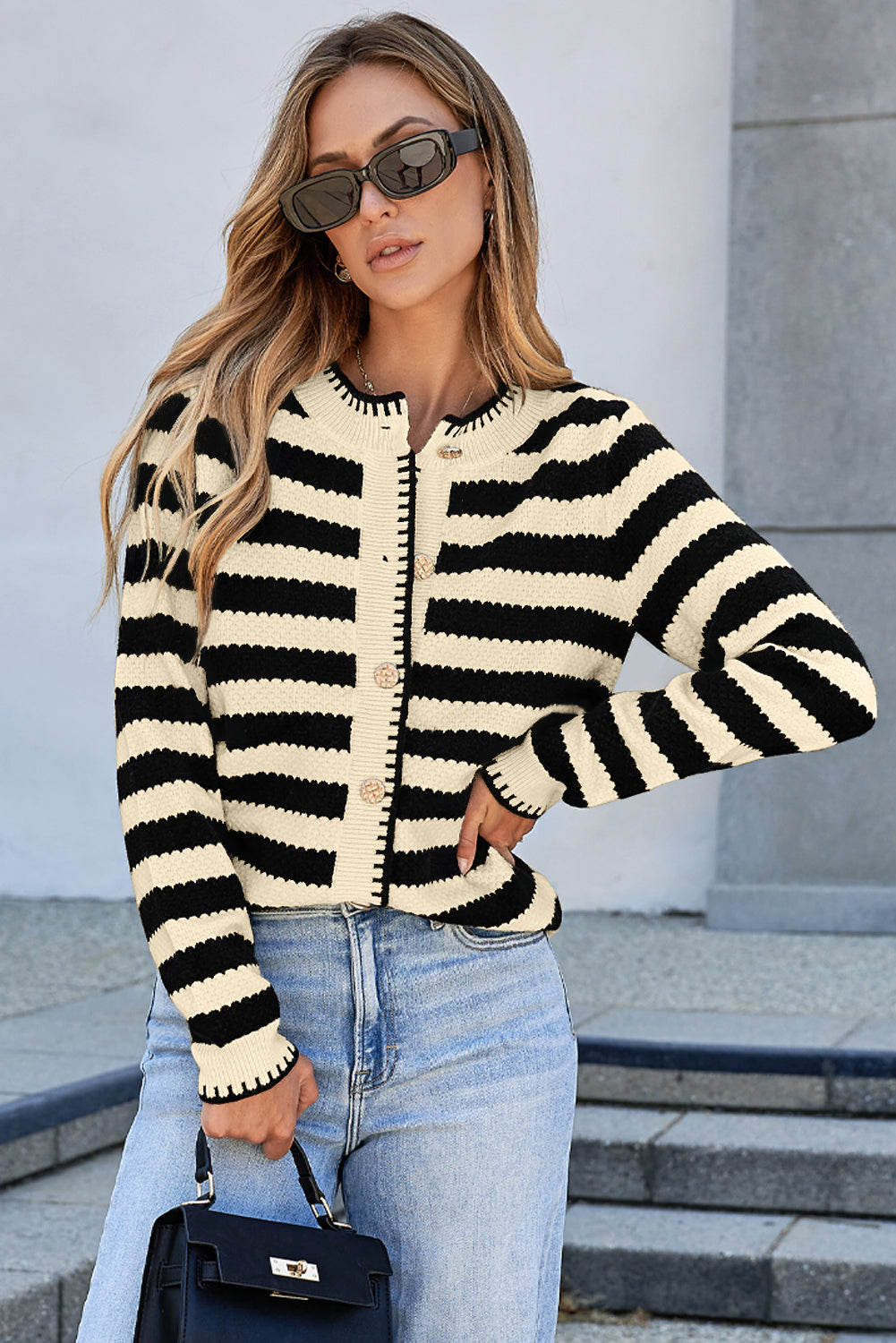 Apricot Stripe Chic Golden Button Cardigan Sweater Cardigans JT's Designer Fashion