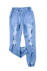 Sky Blue Pocketed Distressed Denim Joggers Jeans JT's Designer Fashion
