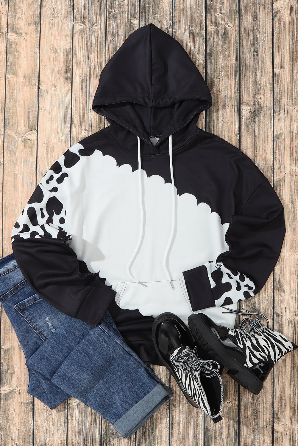 Black Cow Tie Dye Print Pocketed Drawstring Pullover Hoodie Sweatshirts & Hoodies JT's Designer Fashion