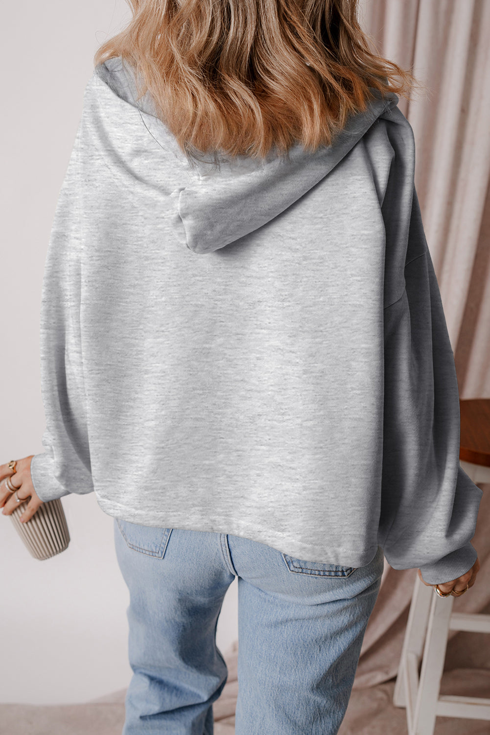 Light Grey Fleece Lined Half Zipper Kangaroo Pockets Loose Hoodie Sweatshirts & Hoodies JT's Designer Fashion
