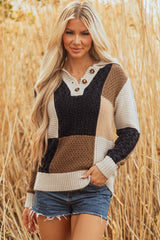 Multicolour Color Block Cable Knit Sleeve Buttons Collared Sweater Sweaters JT's Designer Fashion
