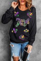 Black Sequin mardi gras Fleur de Lis Graphic Pullover Sweatshirt Graphic Sweatshirts JT's Designer Fashion