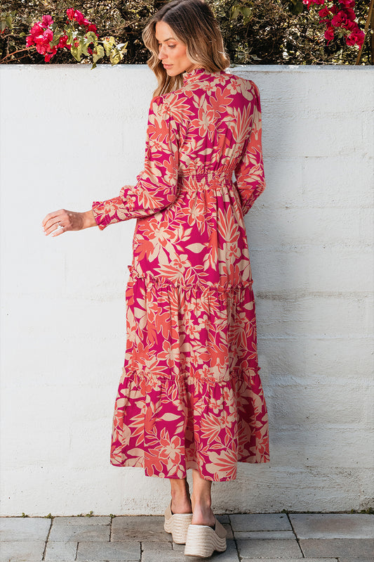 Rose Floral Print Buttoned Smocked High Waist Maxi Dress Floral Dresses JT's Designer Fashion