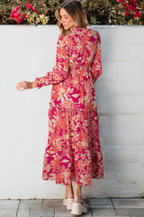 Rose Floral Print Buttoned Smocked High Waist Maxi Dress Floral Dresses JT's Designer Fashion