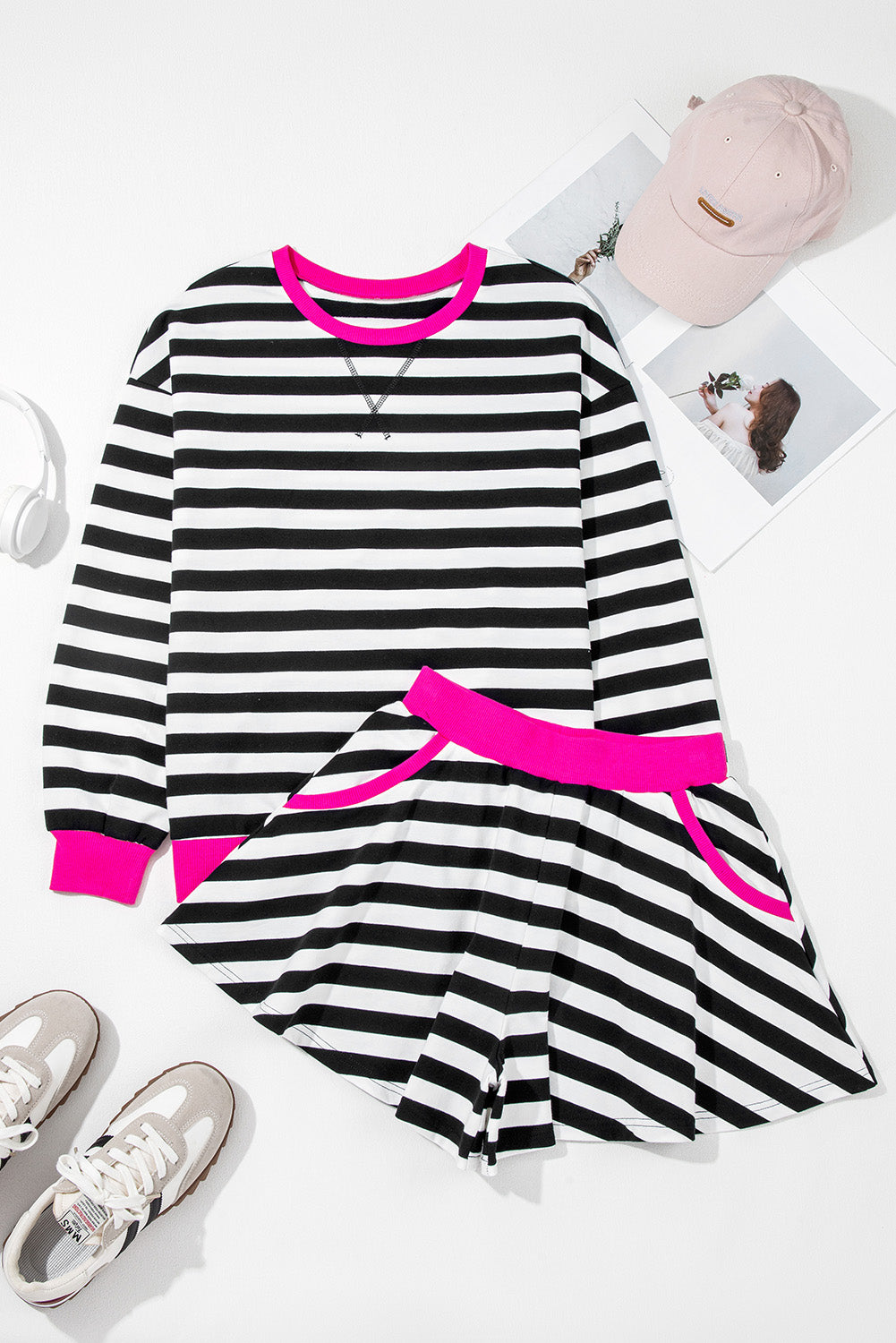 Black Stripe Contrast Ribbed Banding Long Sleeve Blouse Loose Shorts Set Short Sets JT's Designer Fashion