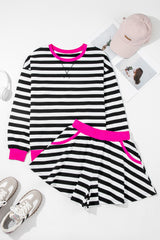 Black Stripe Contrast Ribbed Banding Long Sleeve Blouse Loose Shorts Set Short Sets JT's Designer Fashion
