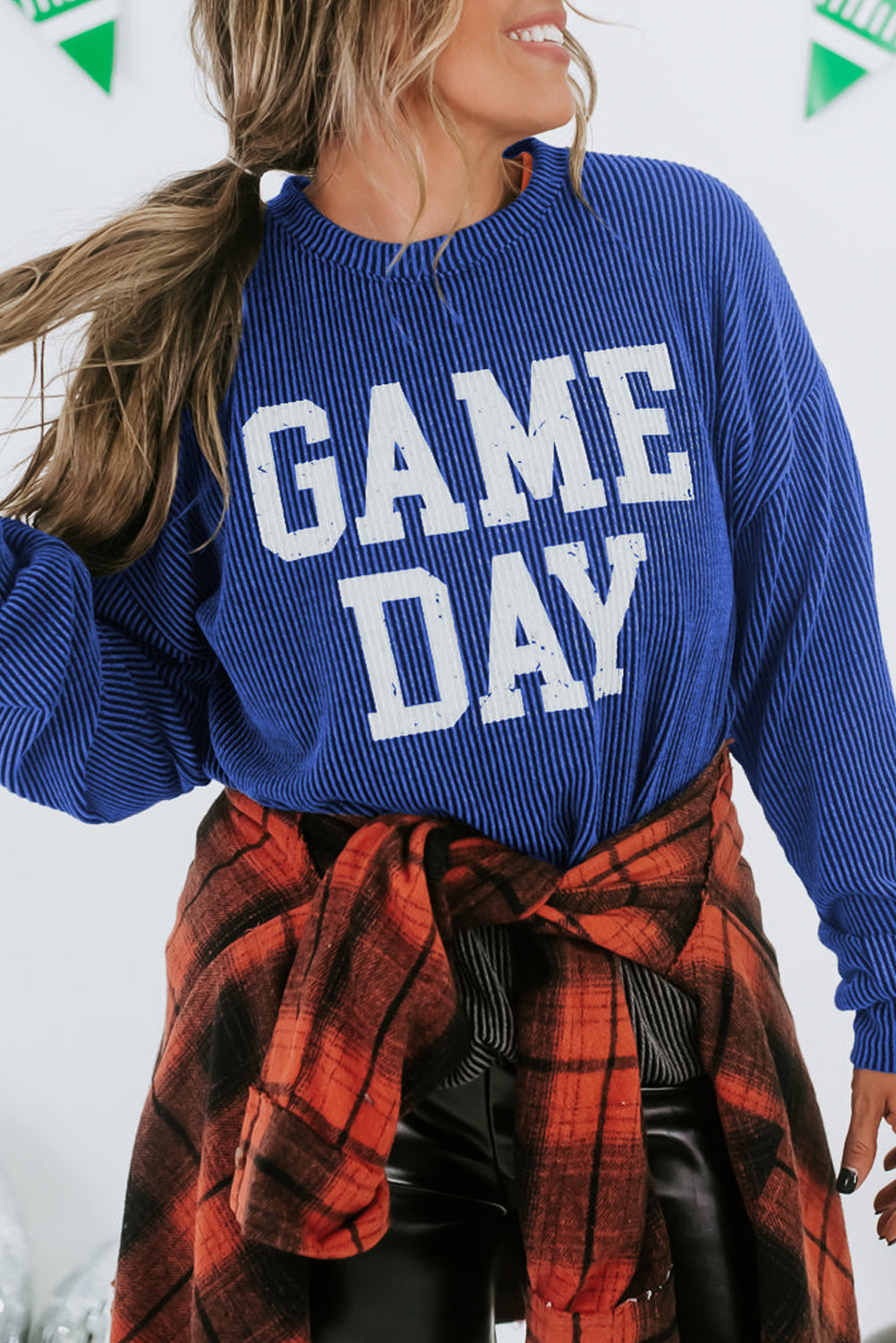 Bluing Corded GAME DAY Graphic Long Sleeve Crewneck Top Long Sleeve Tops JT's Designer Fashion